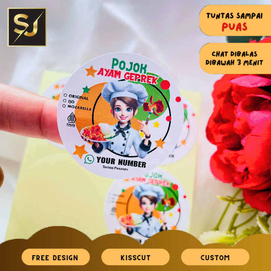 

2-4 Sangjaya Stiker Chromo Bulat Sticker Ayam Geprek Label Box Free Desain Custom Nama Fried Chiken
