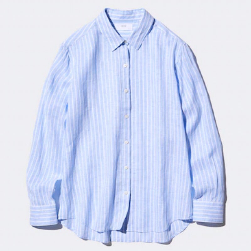 UNIQLO Women Shirt Kemeja Wanita Premium Linen Garis Lengan Panjang