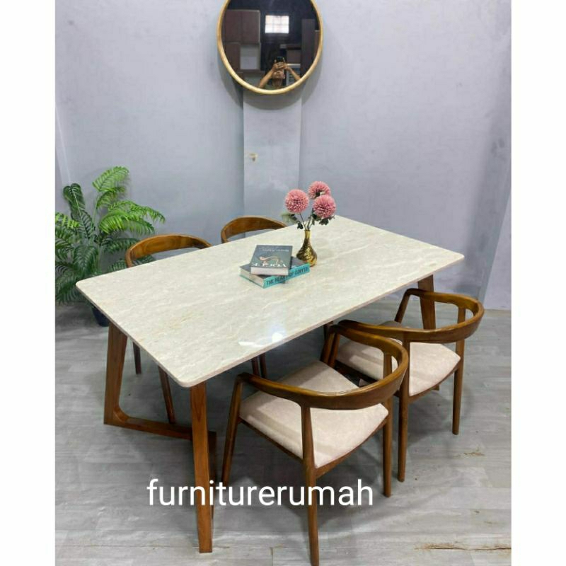 set meja makan marmer 4 kursi jati, meja makan marmer 4 kursi kayu jati minimalis