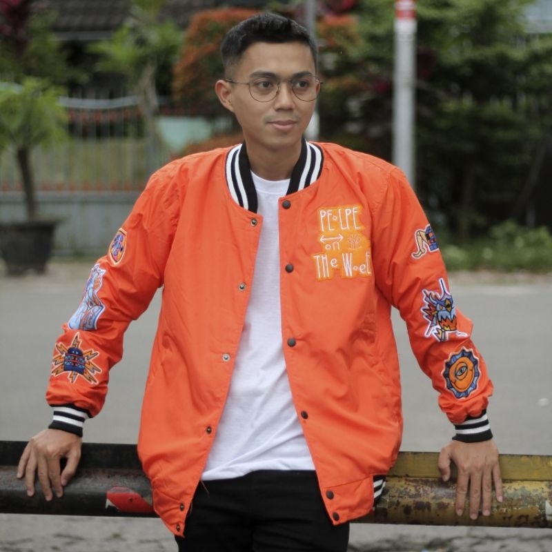 Jaket Varsity Baseball Pria Wanita Taslan Hitam Full Bordir Series Eyes - Orange