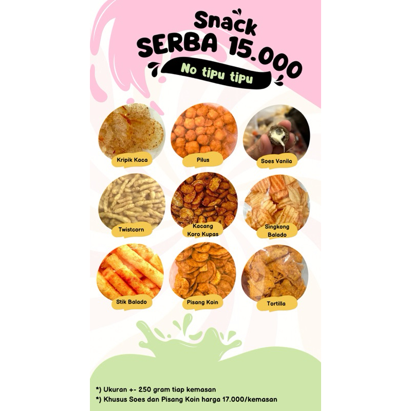 

SNACK CAMILAN PEDAS MANIS ASIN SERBA 15000