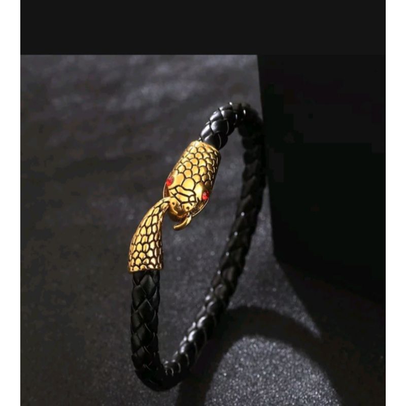 GELANG KULIT IMITASI ALLOY MODEL ULAR - GKUL011 HITAM EMAS