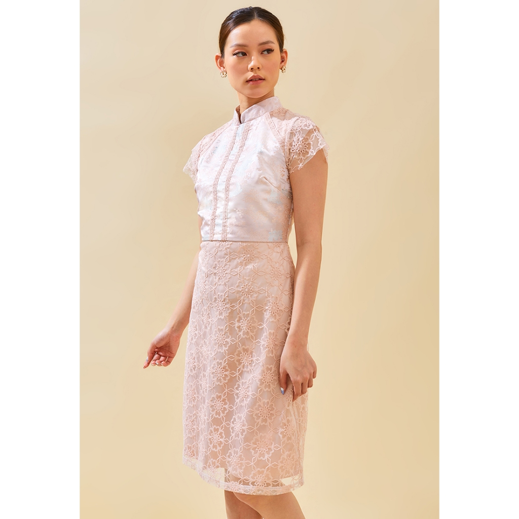 ESYE - Mitchell Cheongsam Dress | Gaun A-Line Jacquard Pink & Krem