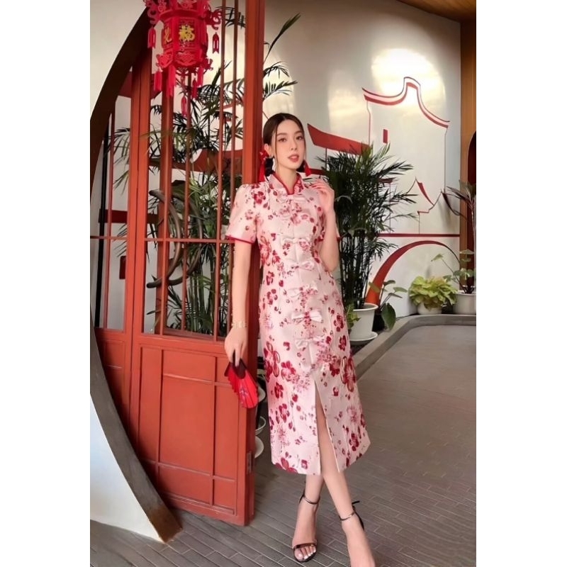 sleeve collar dress cheongsam qipao qibao tahun baru imlek kueni cny sincia lunar new year oriental 