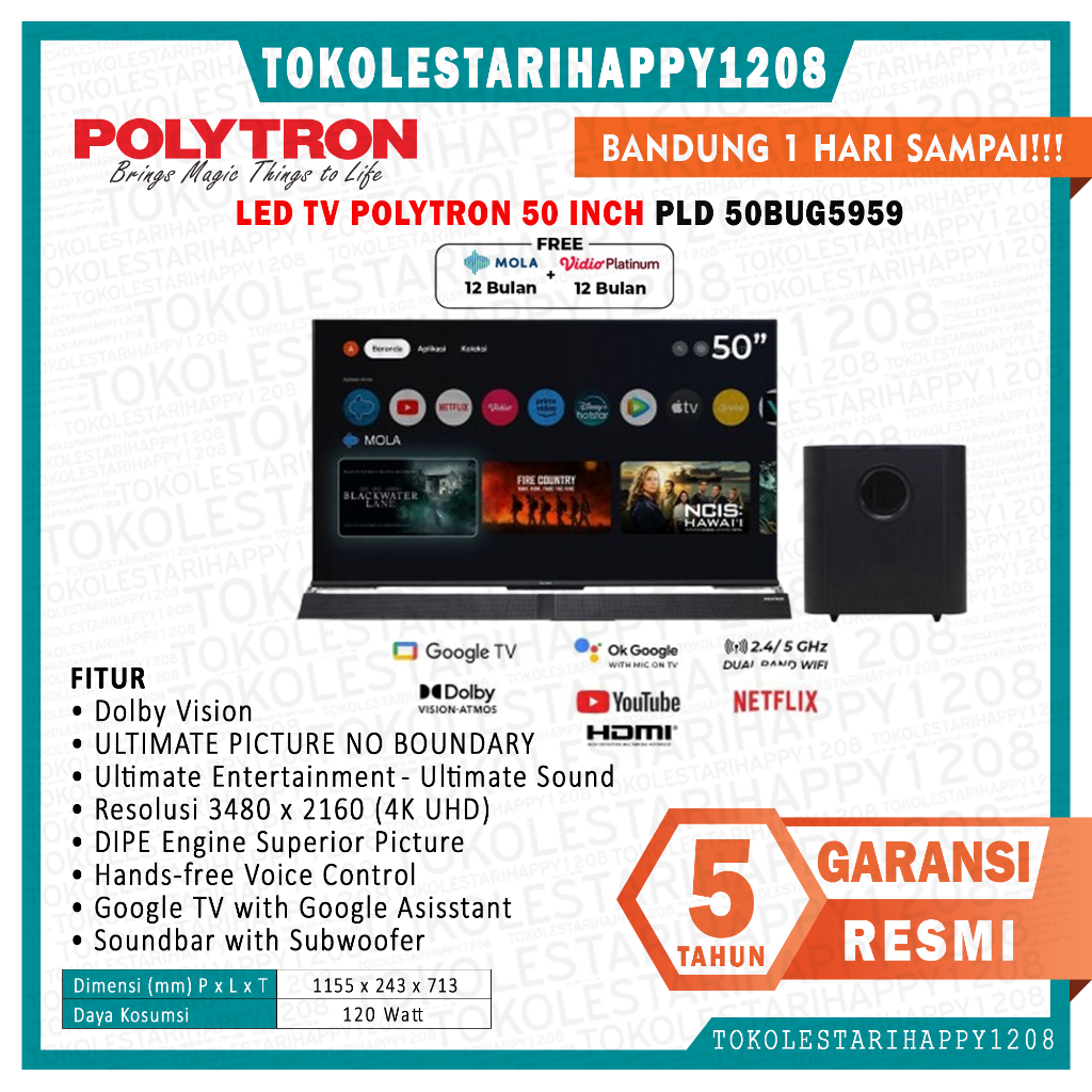 LED TV Polytron 50 Inch PLD 50BUG9959/5959 Smart Android 11 Cinemax Soundbar