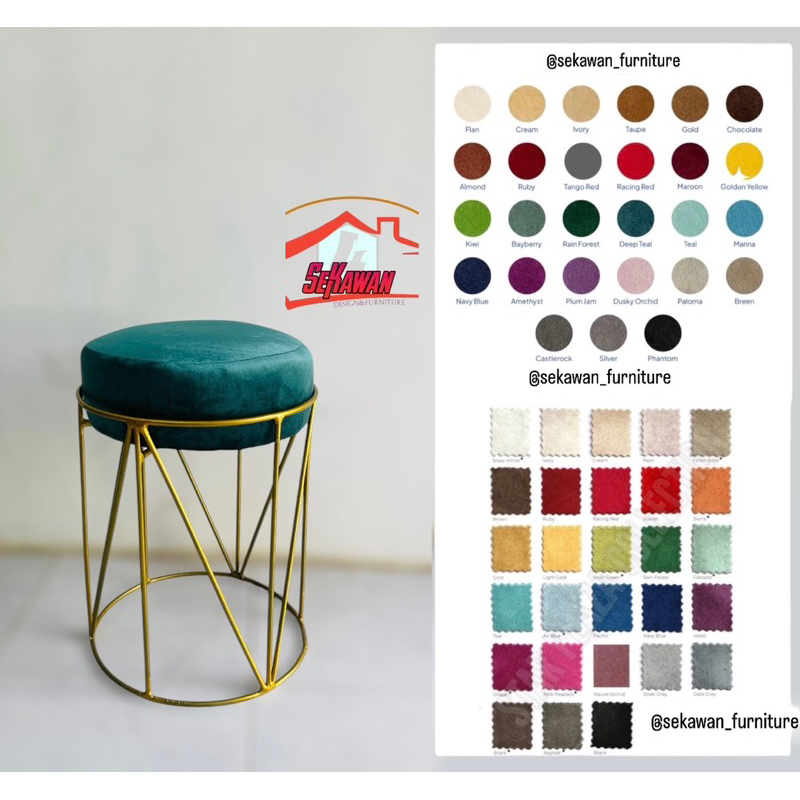 Kursi Stool Bulat Minimalis Aesthetic Bahan Kaki Besi Kain Bludru - Puff Bulat - Kursi nails kursi n
