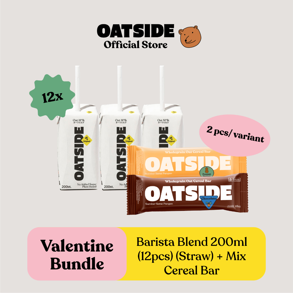 

[VALENTINE BUNDLE] OATSIDE - Oat Milk Barista Blend 200ml (12pcs) (Straw) + Mix Cereal Bar Chocolate,Peanut Butter (4pcs)