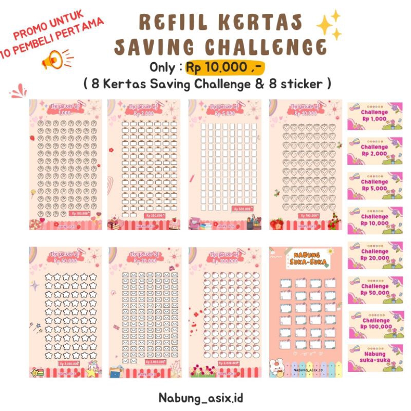 

Kertas Saving Challenge Binder A6, tebal kertas 100 gsm (1 SET Isi 8 Lembar kertas Saving & 8 Lembar Sticker nabung)
