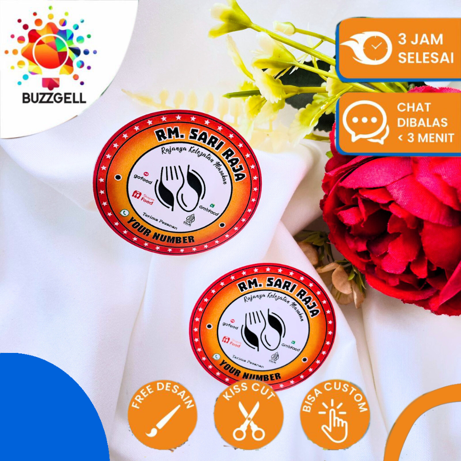 

5-8 Buzzgell Stiker Label Makanan Warnas Warung Nasi Sticker Banyak Desain Free Bentuk Bulat Sedang