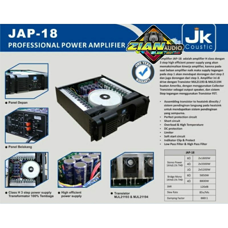 Power Amplifier JK Coustic JAP 18 classH3 step 2x1800watt original