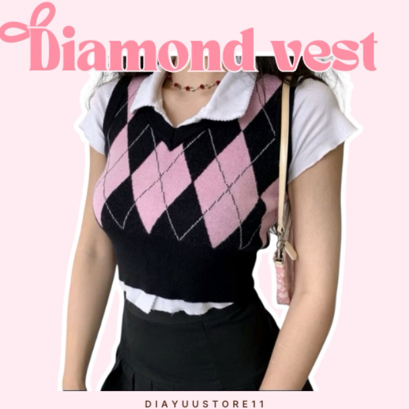 Korean Diamond Plaid Knit Vest Crop Top Rompi Rajut Korea