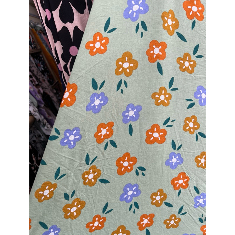 kain katun rayon viscose premium motif bunga hijau mint terbaru best seller