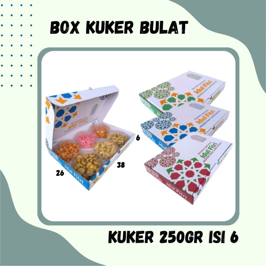 

Box Kuker 38x26x6 LD (KuKer Toples 250gr isi 6) Kardus Pizza Lebaran/Kue Kering/Box hampers/idul fitri/eid mubarak/Box Kuker/Box Kue Kering/ied Mubarok/Polos/Motif