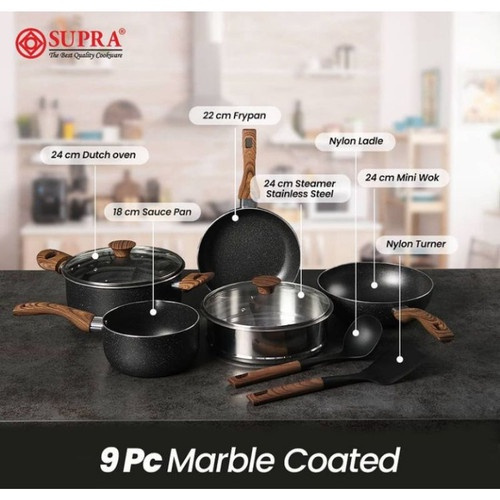 SUPRA Panci Set 9pcs Black Marble dan 5pcs alu black/ Panci Set Supra Alumunium Anti Lengket Edisi C