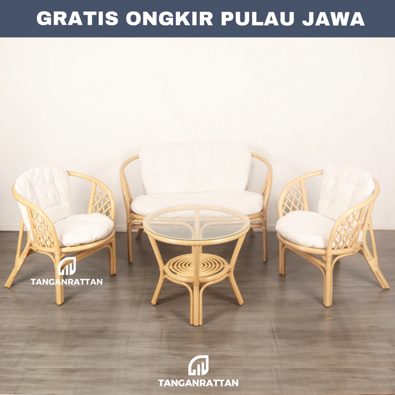 KURSI BAHAMA ROTAN 1 SET + BANTAL DAN KACA / KURSI ROTAN MINIMALIS / KURSI TAMU ROTAN