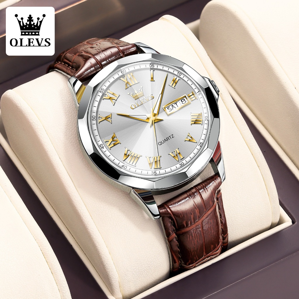 Olevs Jam Tangan Pria Kulit Original 100% Luminous Jam Tangan Analog Pria Keren Anti Air Watchbrands