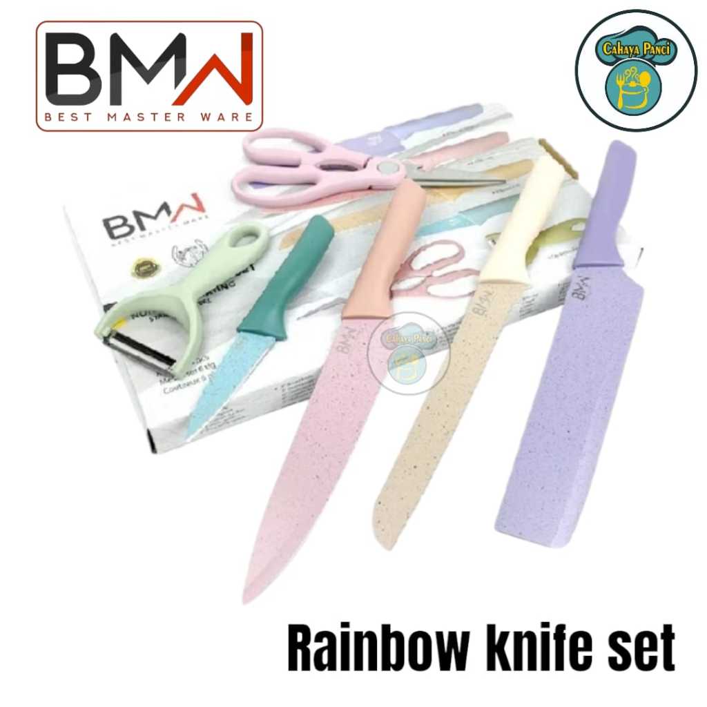 BMW Pisau set rainbow 6in1, pisau set warna warni, pisau set lengkap, souvenir pisau praktis, pisau 