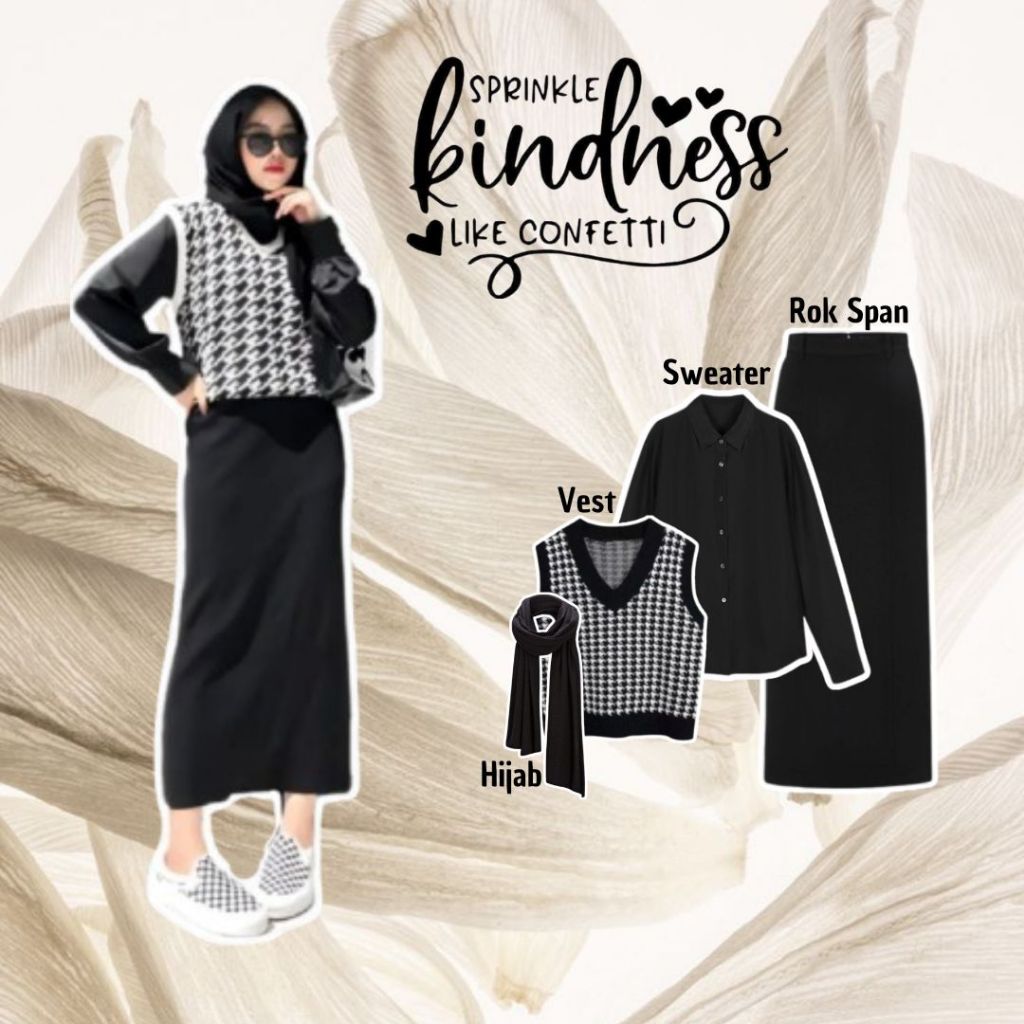 One Set Wanita Hijab ( Vest + Kemeja + Rok Span + Hijab ) OOTD Korean Style Kekinian