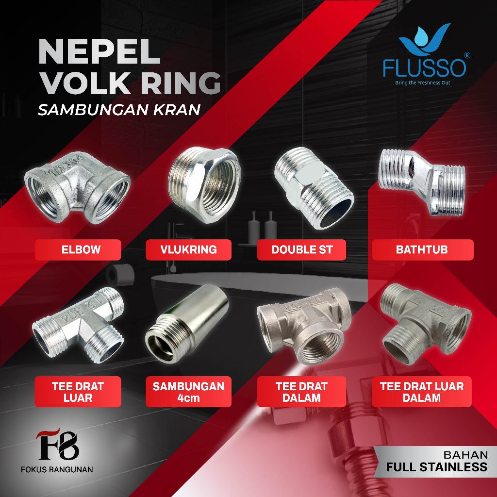 Nepel Volk Ring 3/4" M x 1/2" Sambungan Sok Keran Kran Nepel Vlukring Stainless Flusso