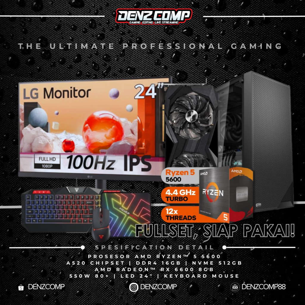 PAKET PC LENGKAP RYZEN 5 5600 + MONITOR 24 INCH + RX 6600 8GB