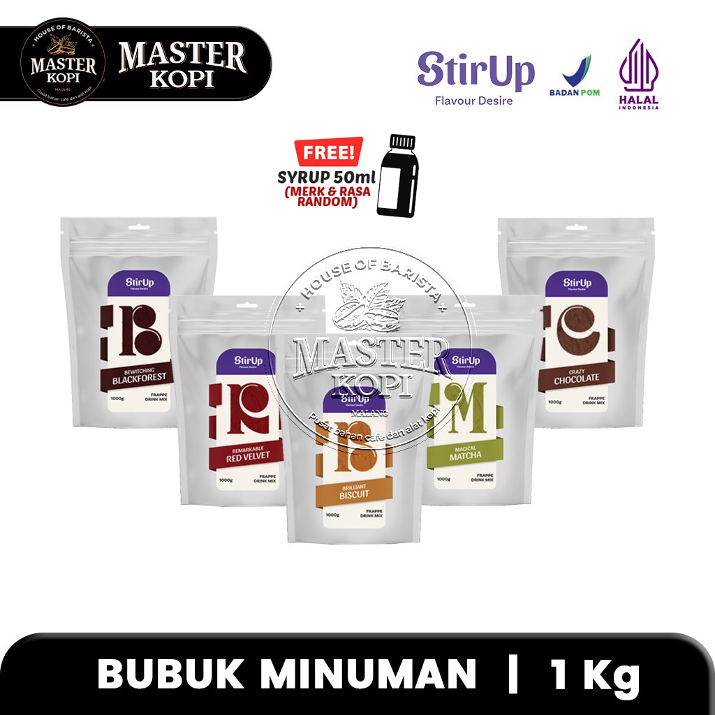 

Bubuk Minuman Stirup Stir Up 1kg Matcha / Red Velvet / Coklat / Blackforest /Biscuit Frappe Powder