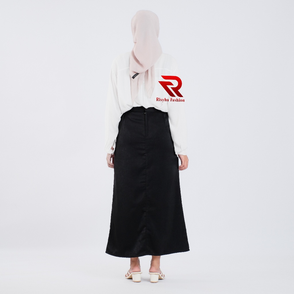 Risyha Skirt - Rok Span Kerja Wanita Panjang Hitam Bahan Twiss Model A Karet Pinggang Samping Model