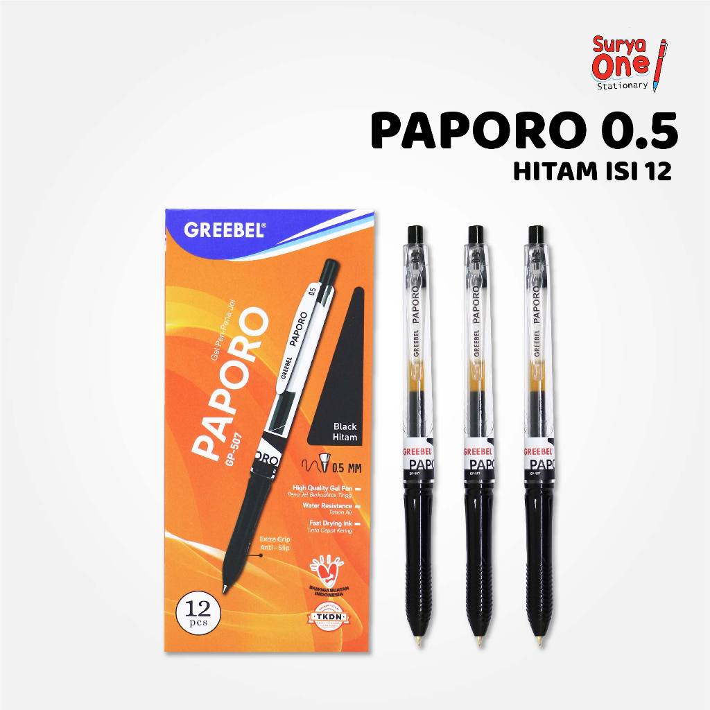 

Pulpen Gel GP-507 Paporo Isi (12PCS) Warna Hitam/ Ballpoint Greebel Paporo Hitam Suryaone