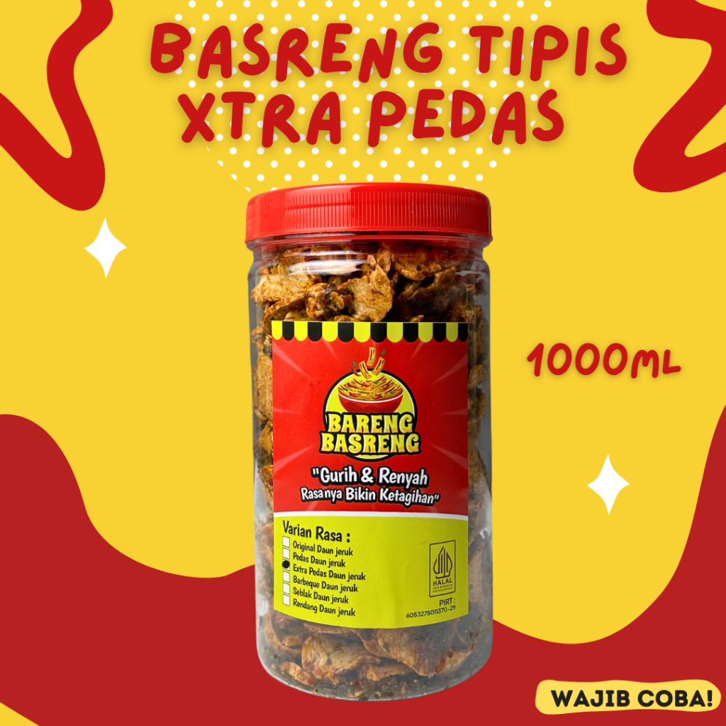 

Basreng Tipis Xtra Pedas 1000ml - Camilan Jajanan Snack Basreng original Pedas Daun jeruk