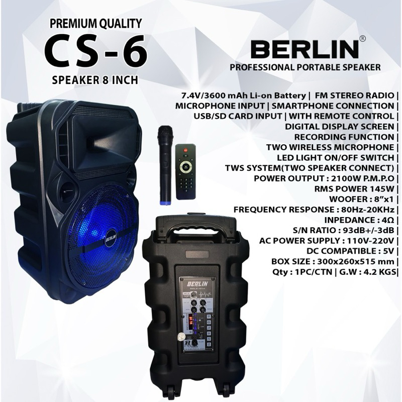 Speaker Aktif Portable Wireless Professional 8 Inch BERLIN 238 / CS - 6 | Bluetooth, USB, Meeting, K