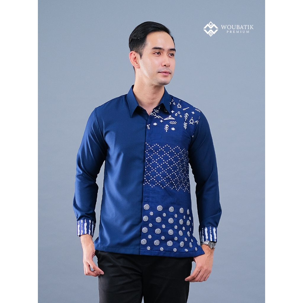 WOUBATIK - Kemeja Batik Pria Furing lengan Panjang Slimfit  Warna biru Motif putih Modern Premium KP