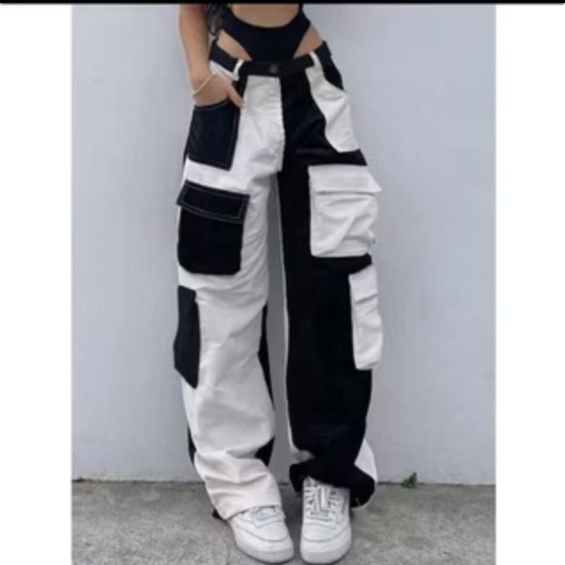black&white~pink&white cargo/celana panjang/celana kekinian