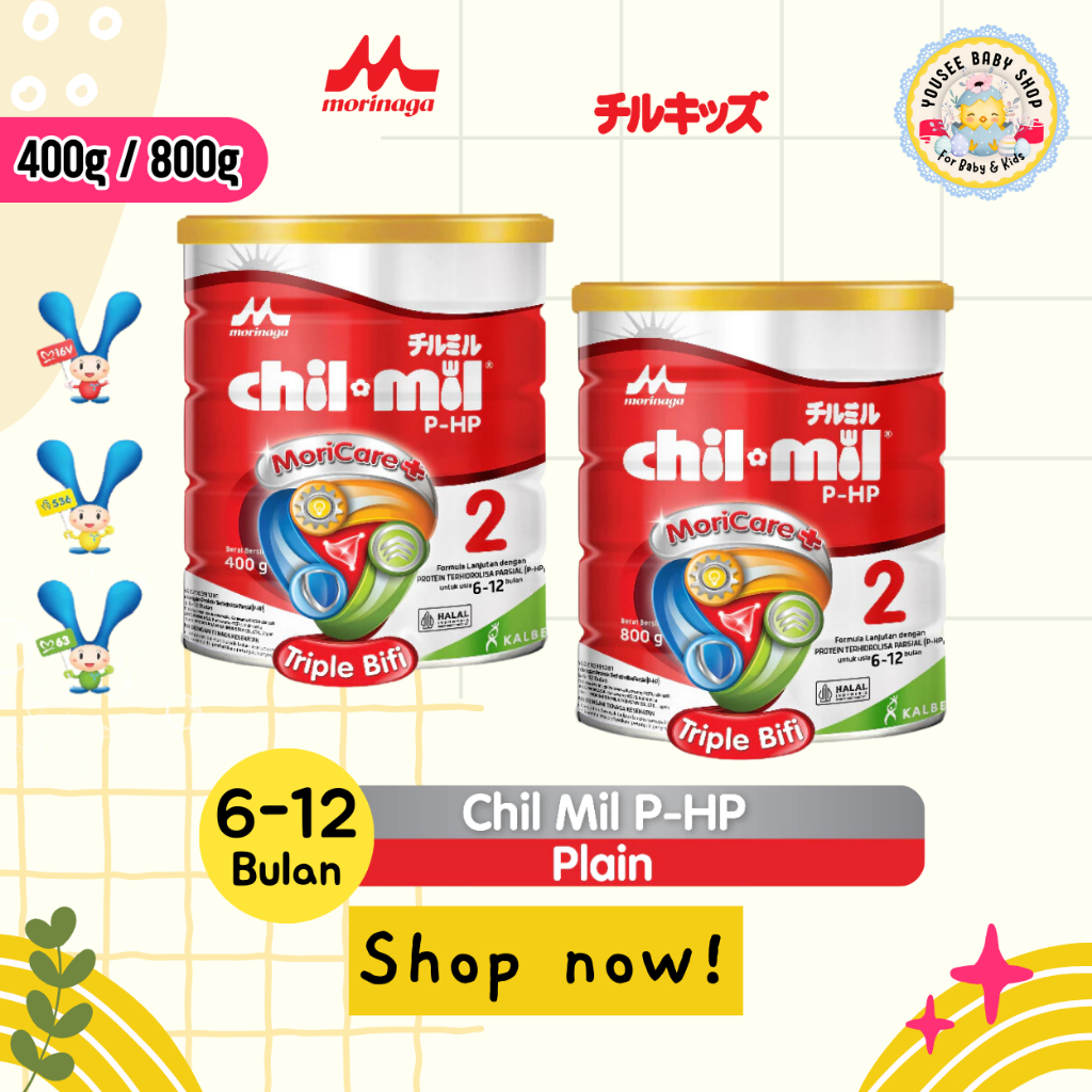 

Morinaga CHIL.MIL Susu Fomula Bayi Usia 6-12 Bulan PHP 2 Plain 400g / 800gr Moricare Triple Bifi