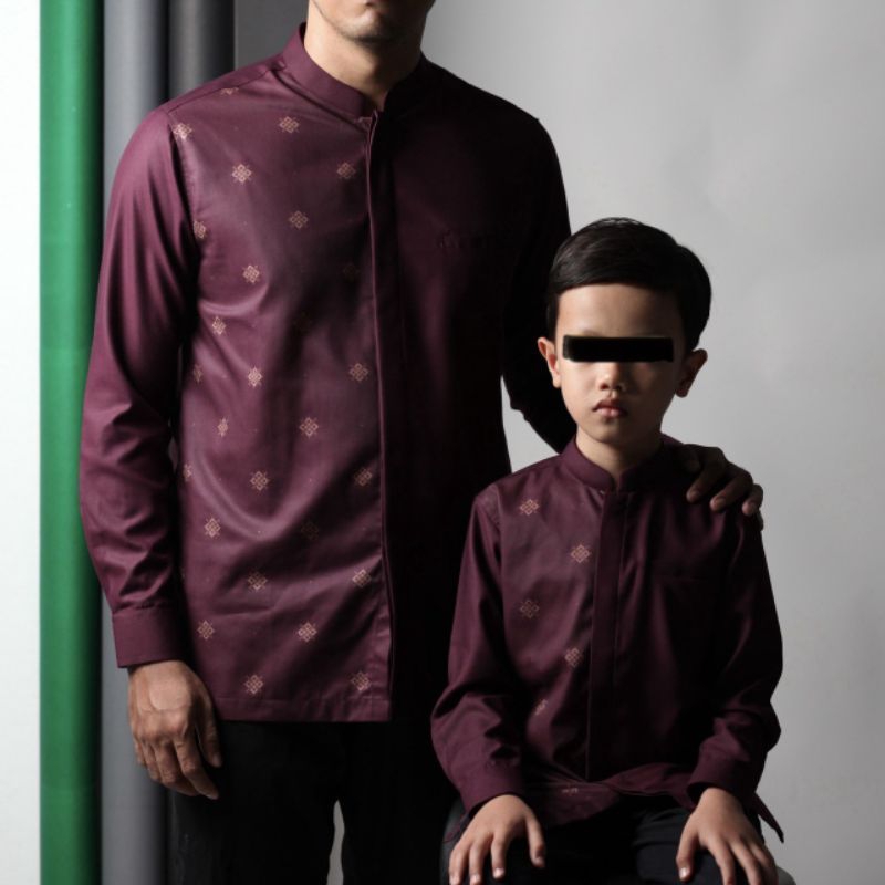 Baju Koko BURGUNDY Ayah dan Anak koko Saviq T-57 Lengan panjang Baju muslim Dewasa dan anak anak