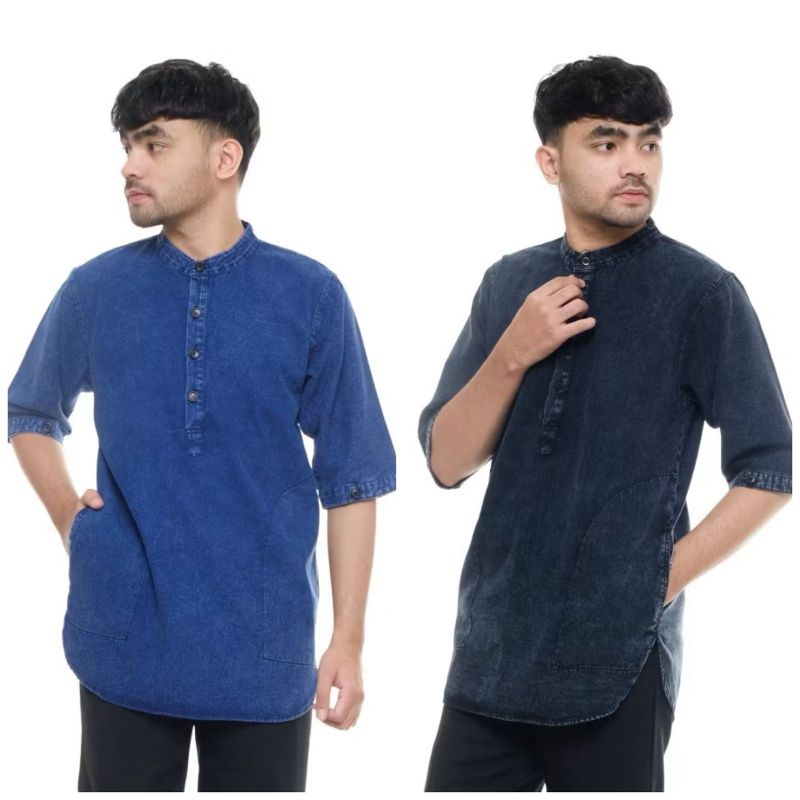 Baju Koko Dewasa Kurta Jeans Pakistan Lengan Pendek Denim Premium