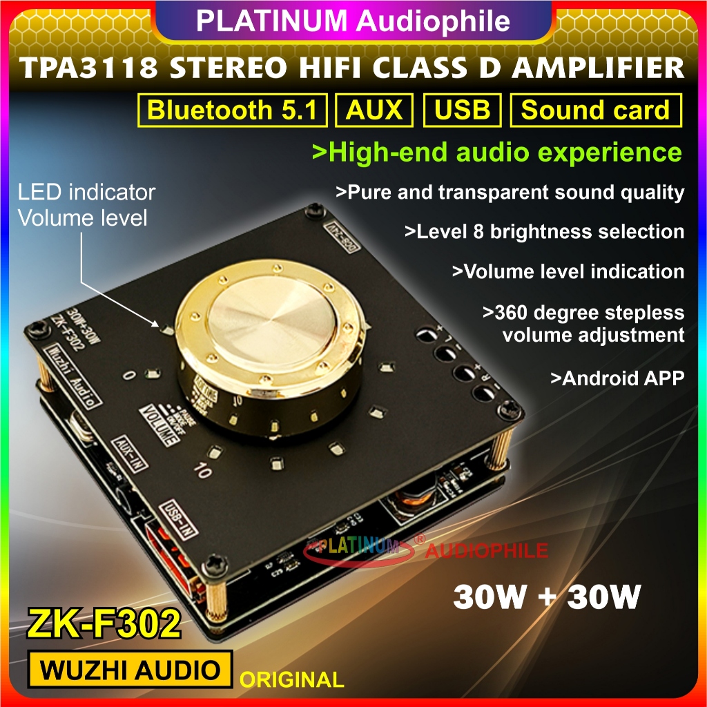 TPA3118 Amplifier Class D 2X 30W Hifi Stereo Bluetooth 5.1 Original Wuzhi ZK-F302