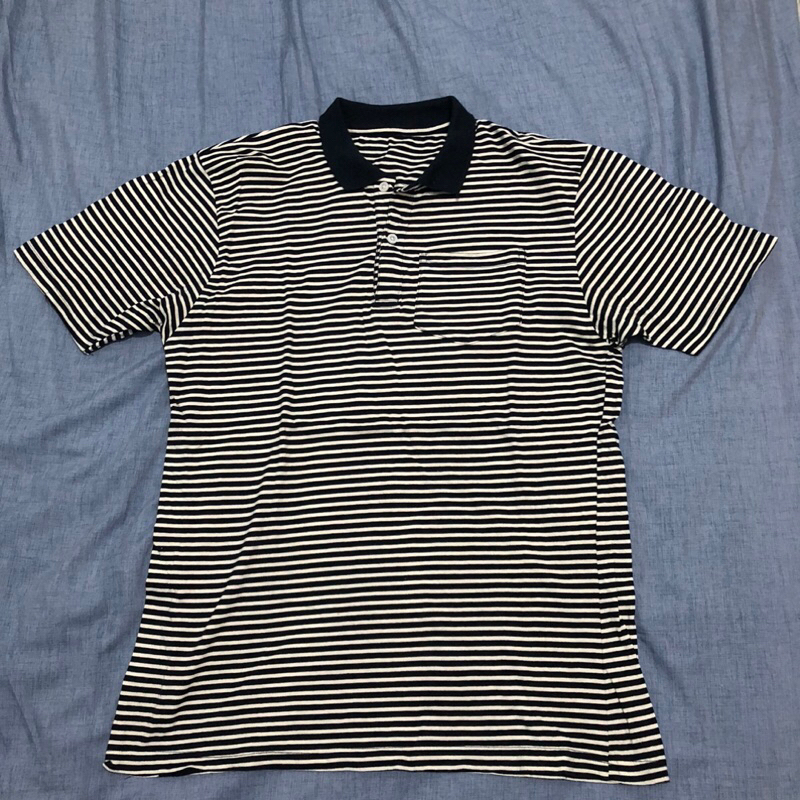 Polo Shirt Pria Putih Garis Biru Kaos Kerah