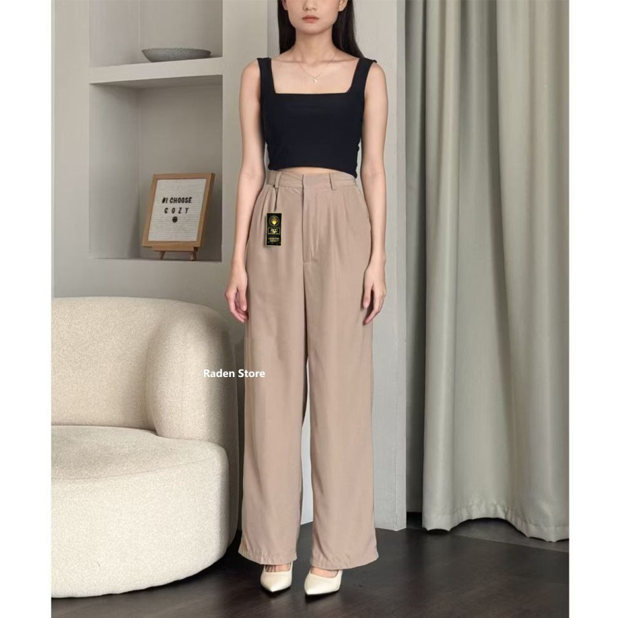 Celana Loose Pants Trousers Wanita Anti Kusut Kulot Warna Coklat Susu Coksu Ukuran Standar Size