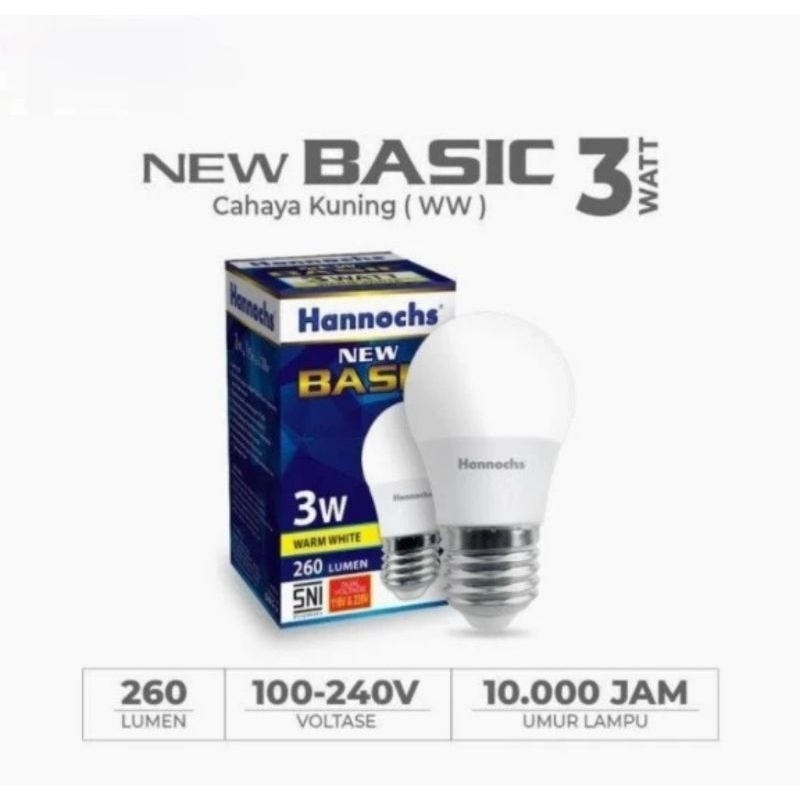 Hannochs New Basic lampu bohlam LED 3 Watt warm white cahaya kuning