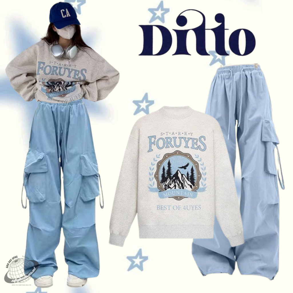 Pinterest Outfit Set 2in1 Korean Y2k Style(Sweater Oversize Abu + Celana Cargo Biru)LI033