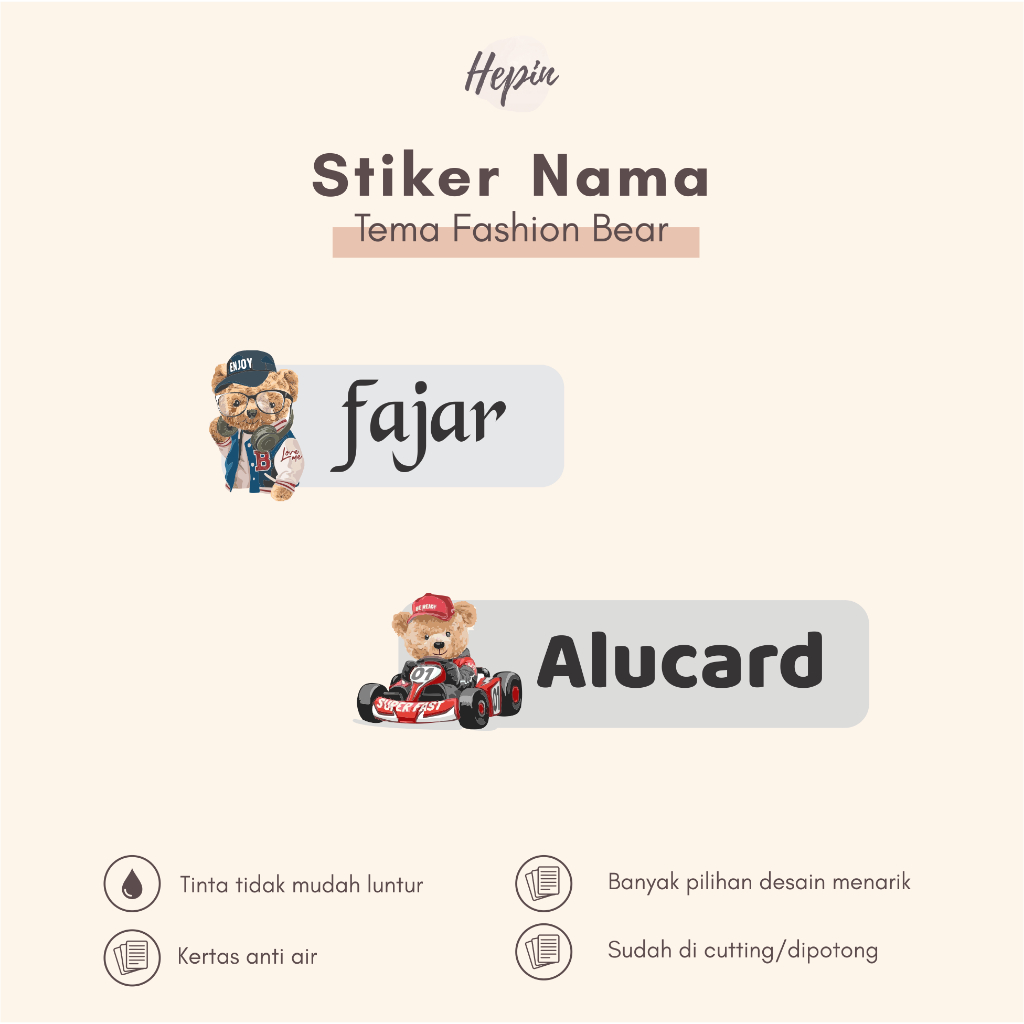 

(90 - 120 pcs) Stiker Cutting nama FASHION BEAR / Stiker Nama Anak Murah / Label Nama Custom