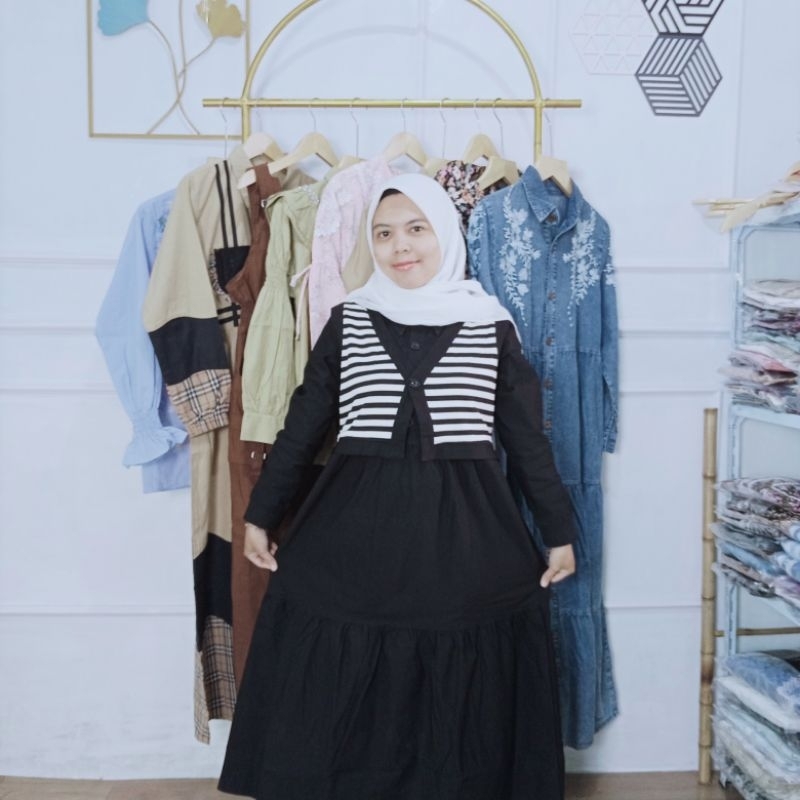 Midi dress wanita soft jeans by DNL/Layla variasi rompi.. SALE ngabisin stock
