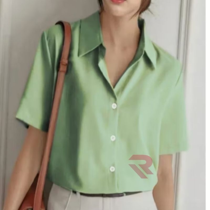 kemeja polos lengan  pendek wanita baju cewek murah warna hitam putih sage