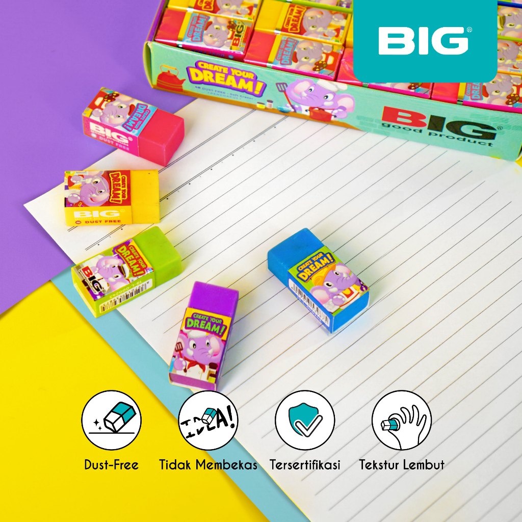 

40 Pcs BIG Penghapus / Eraser Pensil Warna Warni Kecil Dust Free Bum E Elephant Series ER-9403BUME