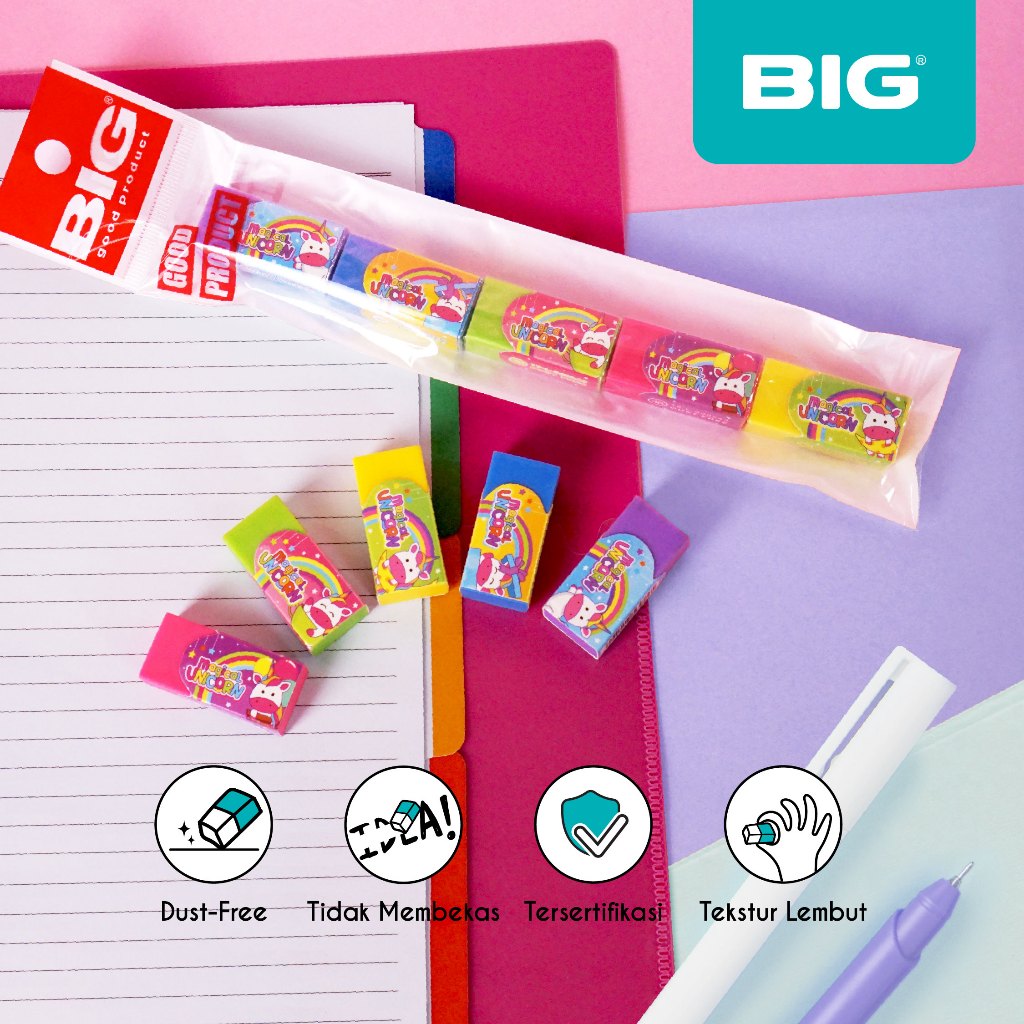 

5 Pcs BIG Penghapus / Eraser Pensil Warna Warni Kecil Dust Free Unicorn Series ER-9403U