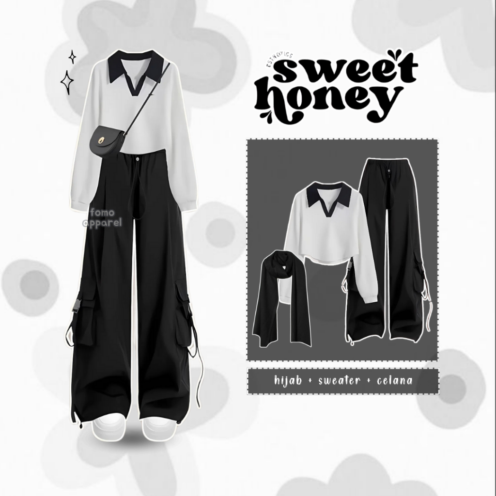 Setelan OOTD Remaja Kekinian (Hijab+Sweater+Celana) Outfit Study Tour Hangout Casual Hits - Set 273