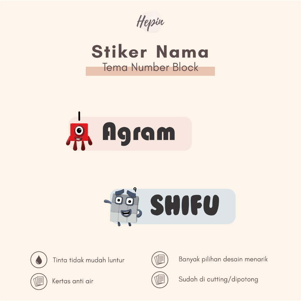 

(90 - 120 pcs) Stiker Cutting nama NUMBER BLOCK/ Stiker Nama Anak Murah / Label Nama Custom