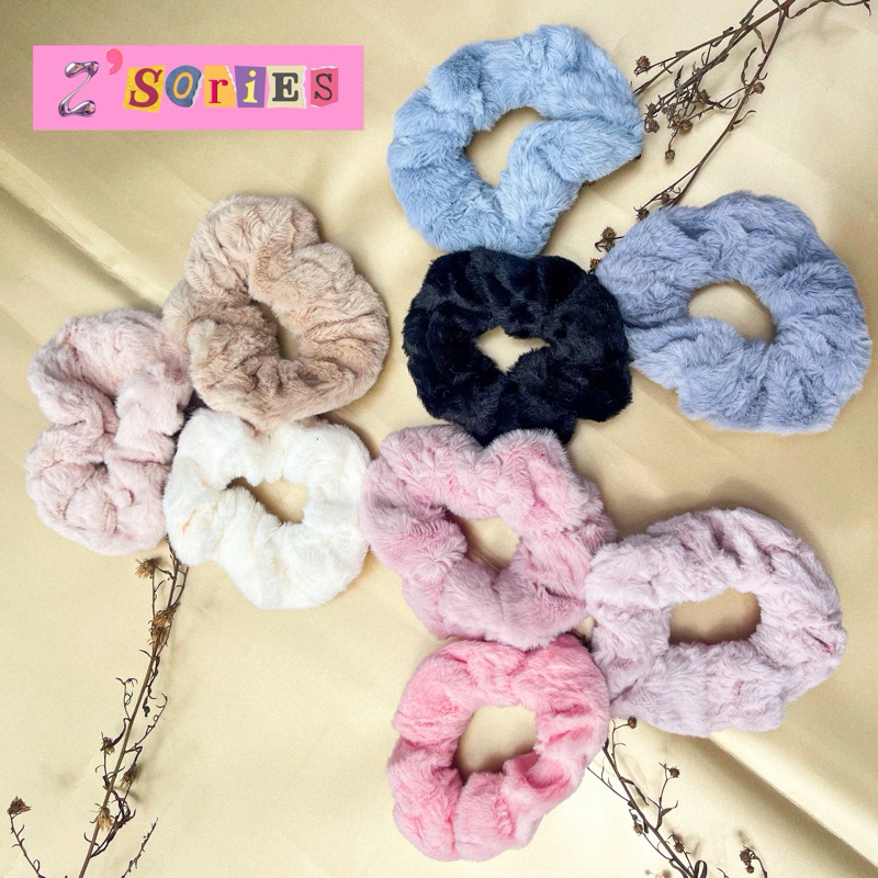 Ikat Rambut Scrunchie Bulu Lembut / Ikat Rambut Korea Wanita / Kucir Rambut Pita Jumbo