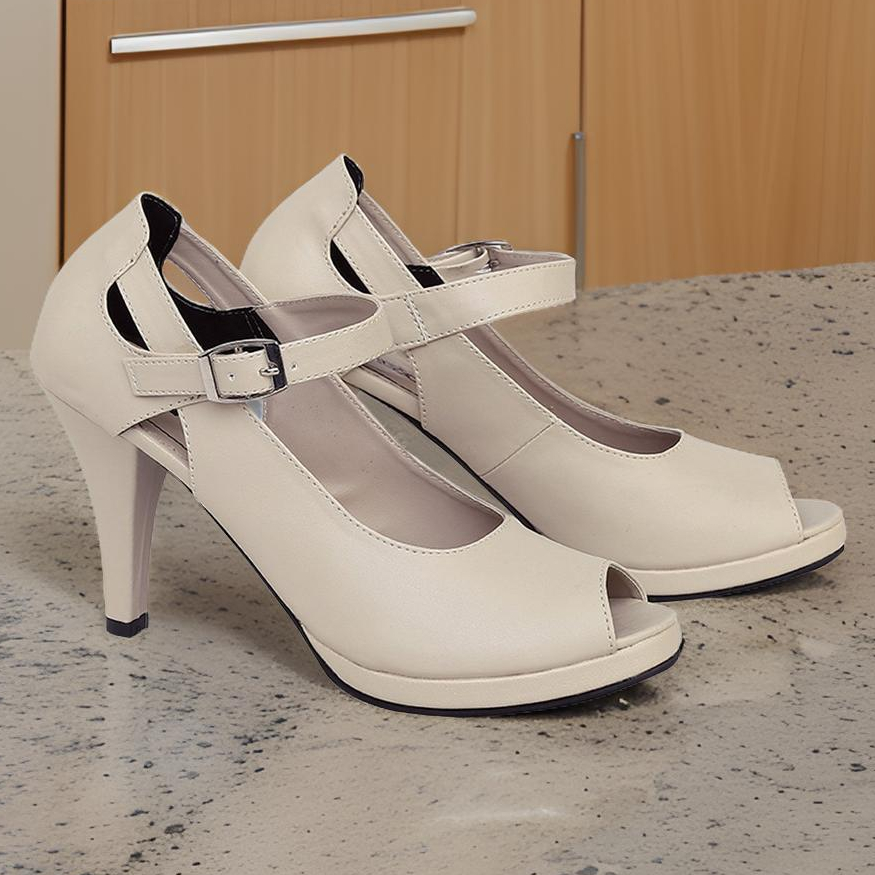 High Heels Krem 9cm Open Toe Sepatu Formal Wanita Pantofel Kerja Kantor Pesta Cream Ujung Terbuka CT