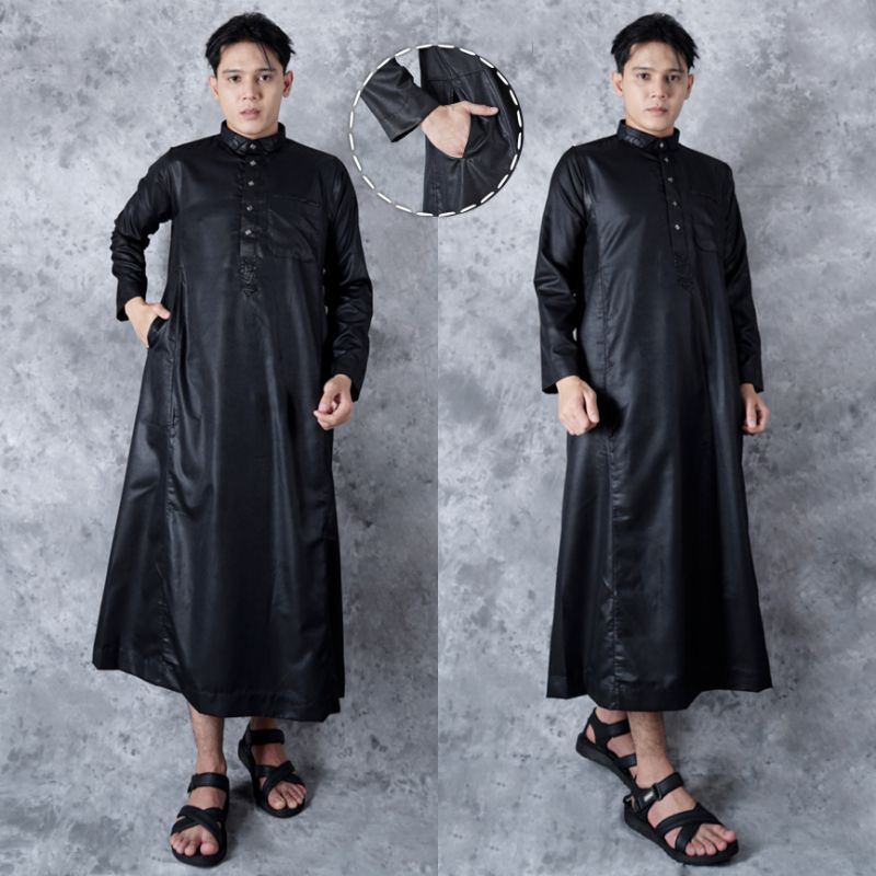 Jubah Gamis Pria Hitam Polos Lengan Panjang Premium