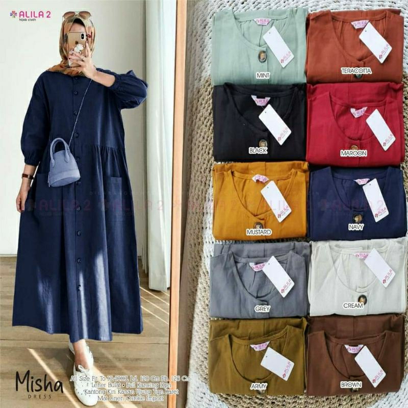 Biru navy Misha Dress Polos Gamis muslim Ld 120 fit XXXXL JUMBO maxy cantik by alila